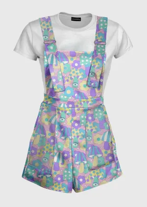 60s Pattern Mushroom Pastel Overalls