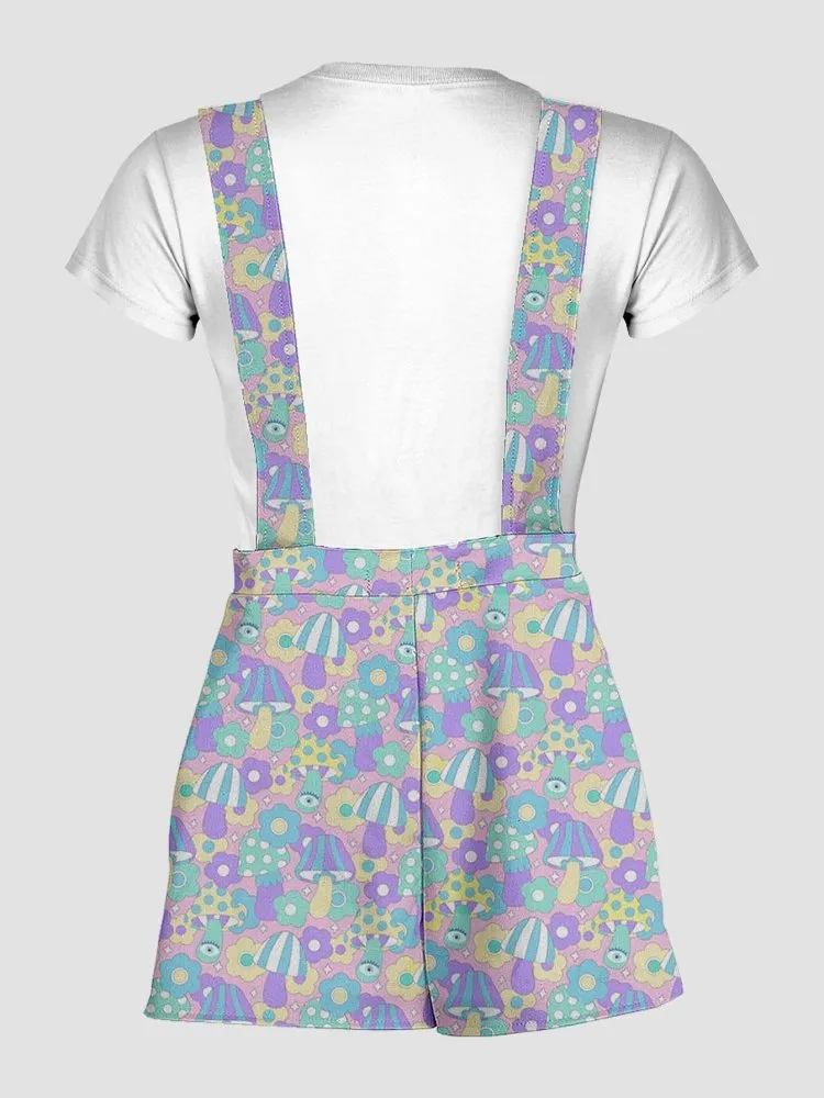 60s Pattern Mushroom Pastel Overalls