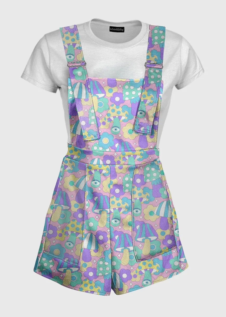 60s Pattern Mushroom Pastel Overalls
