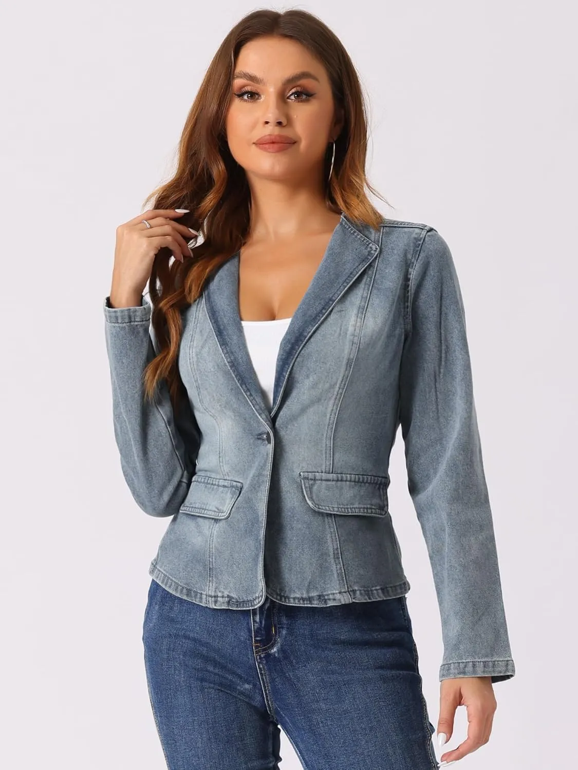 Allegra K Women Cropped Jean Jacket Long Sleeve Lapel Collar One Button Lightweight Stretchy Fitted Denim Shacket Jackets