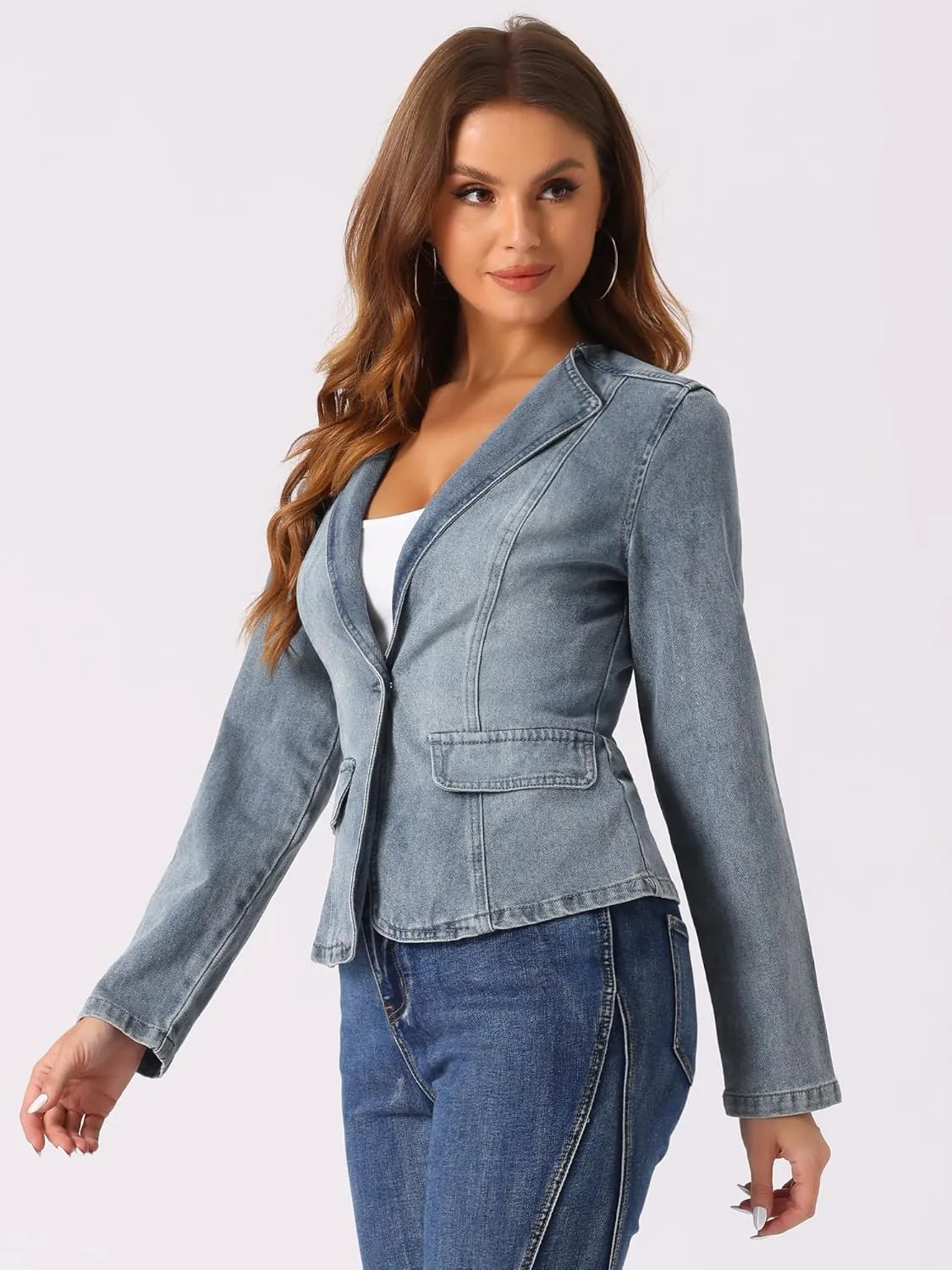 Allegra K Women Cropped Jean Jacket Long Sleeve Lapel Collar One Button Lightweight Stretchy Fitted Denim Shacket Jackets