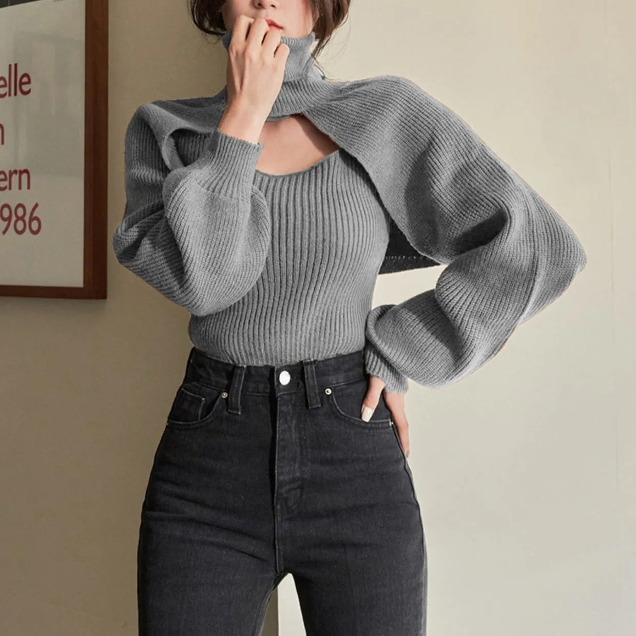 Angelina Turtle Neck Knitted Sweater with Cropped Top