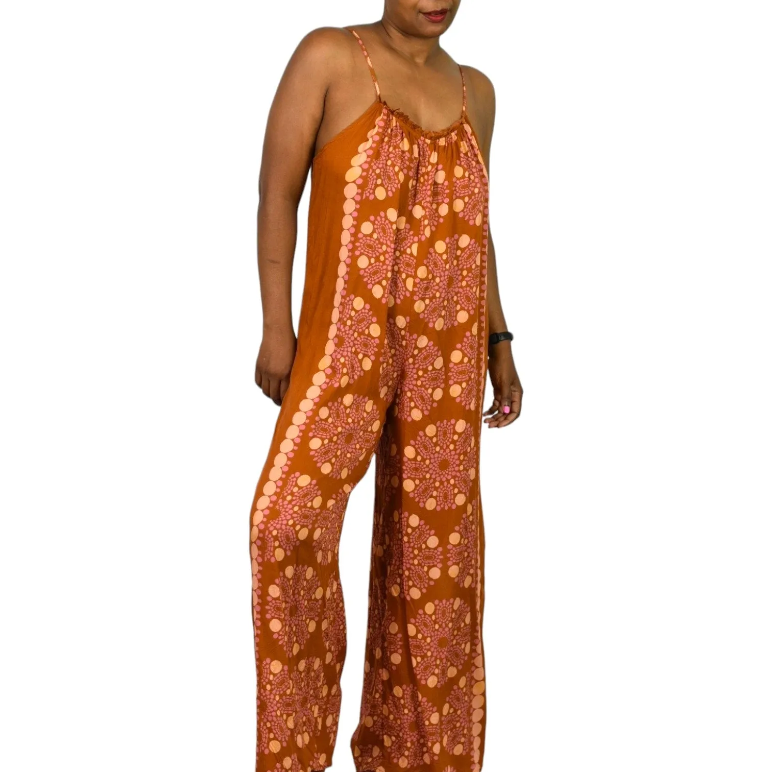 Anthropologie Malika Jumpsuit Orange Block Print Wide Leg Modal Swim Coverup Oversized Size XXS