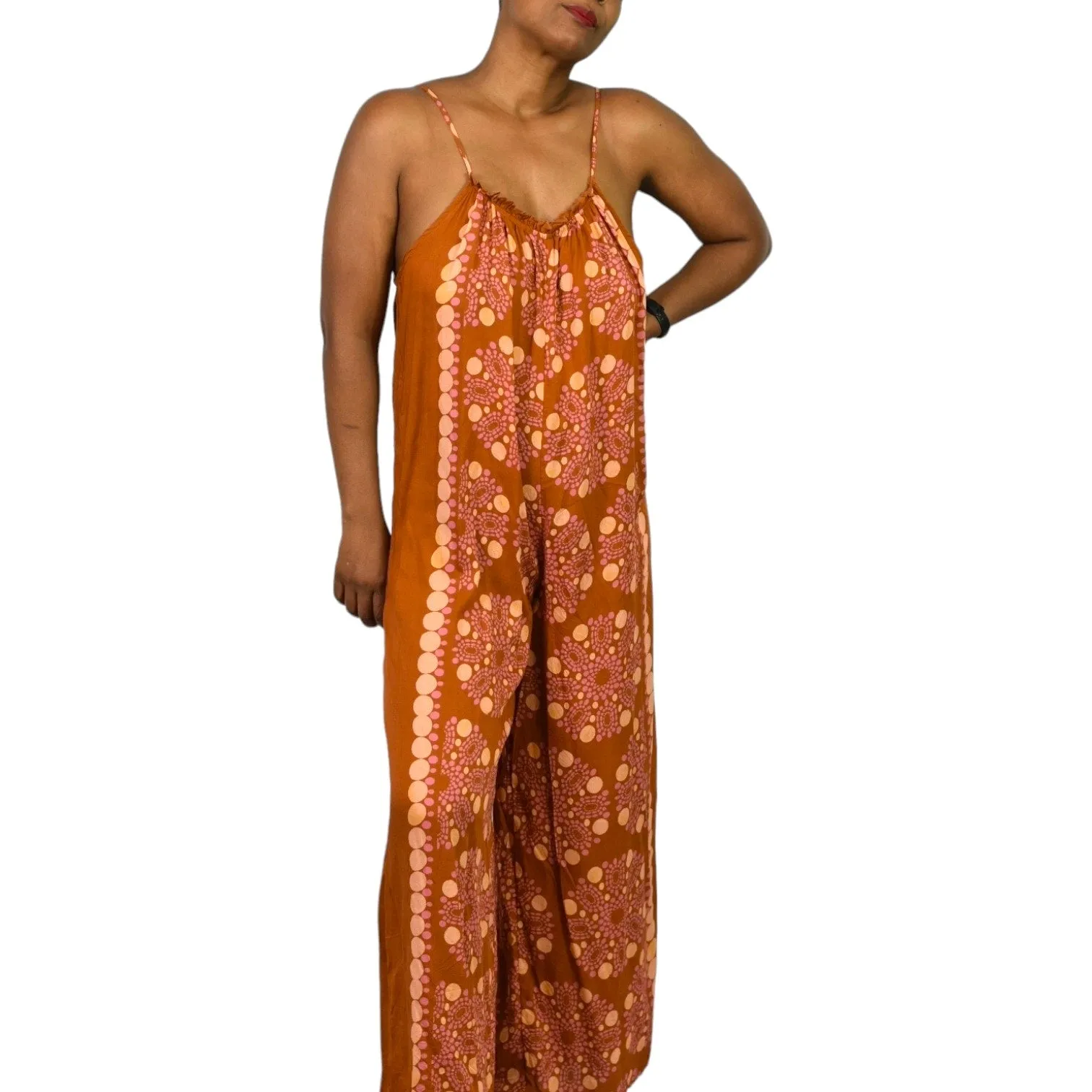 Anthropologie Malika Jumpsuit Orange Block Print Wide Leg Modal Swim Coverup Oversized Size XXS