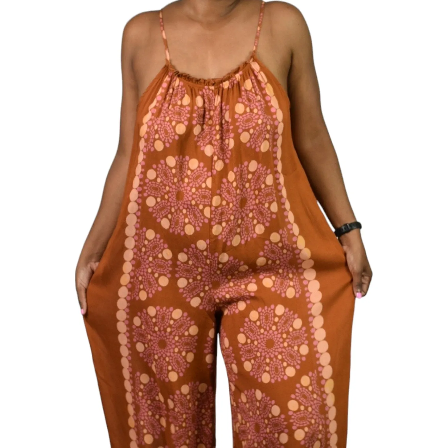 Anthropologie Malika Jumpsuit Orange Block Print Wide Leg Modal Swim Coverup Oversized Size XXS