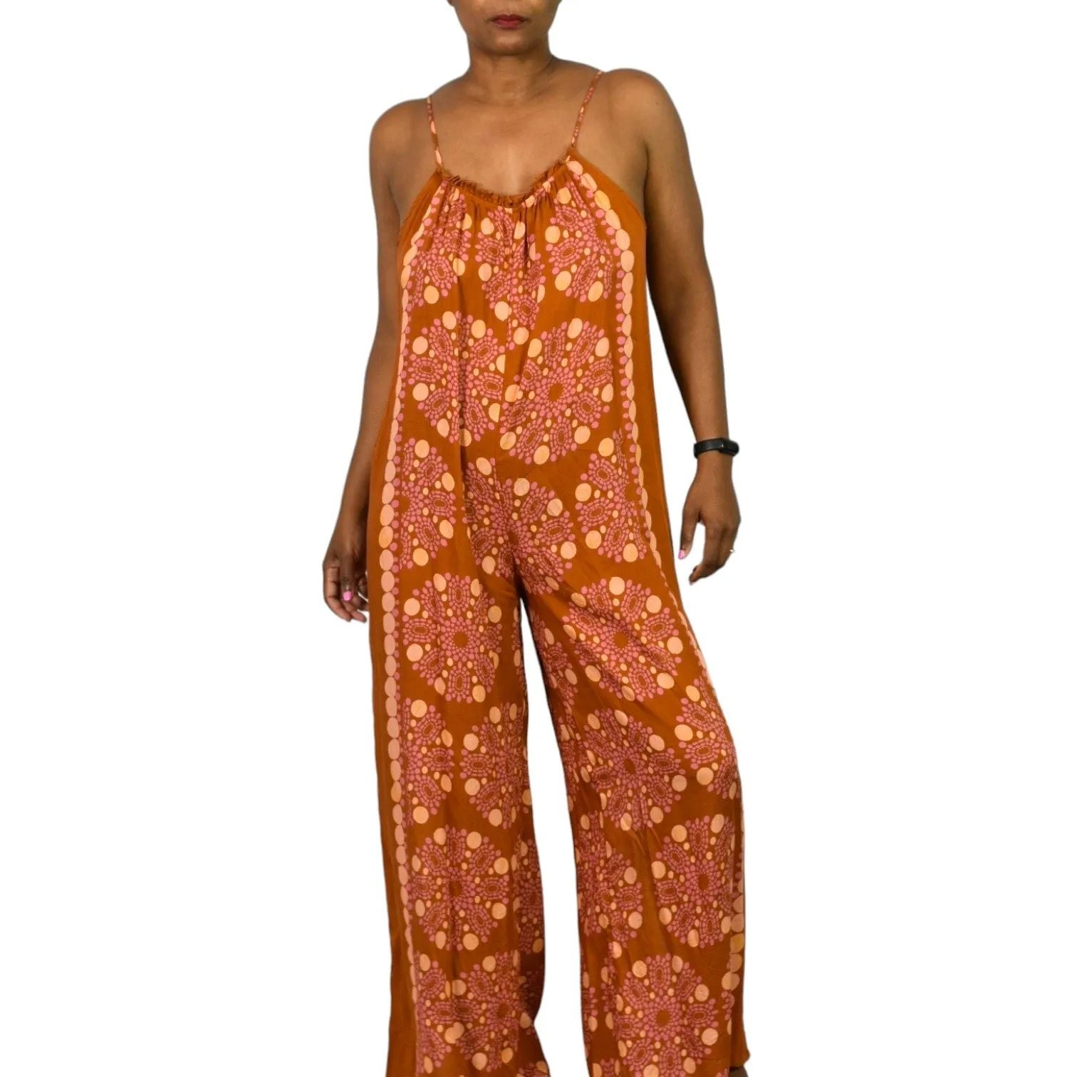 Anthropologie Malika Jumpsuit Orange Block Print Wide Leg Modal Swim Coverup Oversized Size XXS