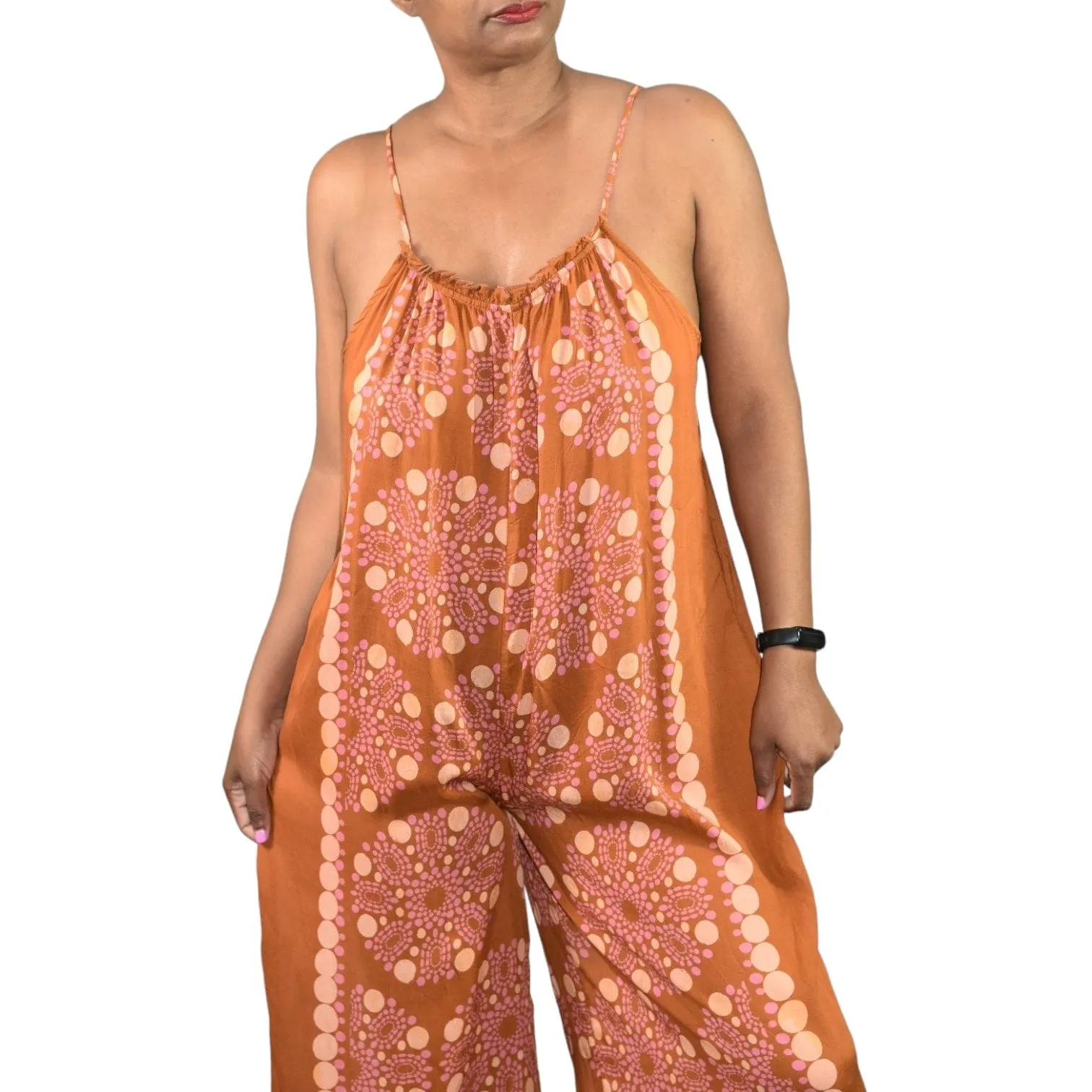 Anthropologie Malika Jumpsuit Orange Block Print Wide Leg Modal Swim Coverup Oversized Size XXS