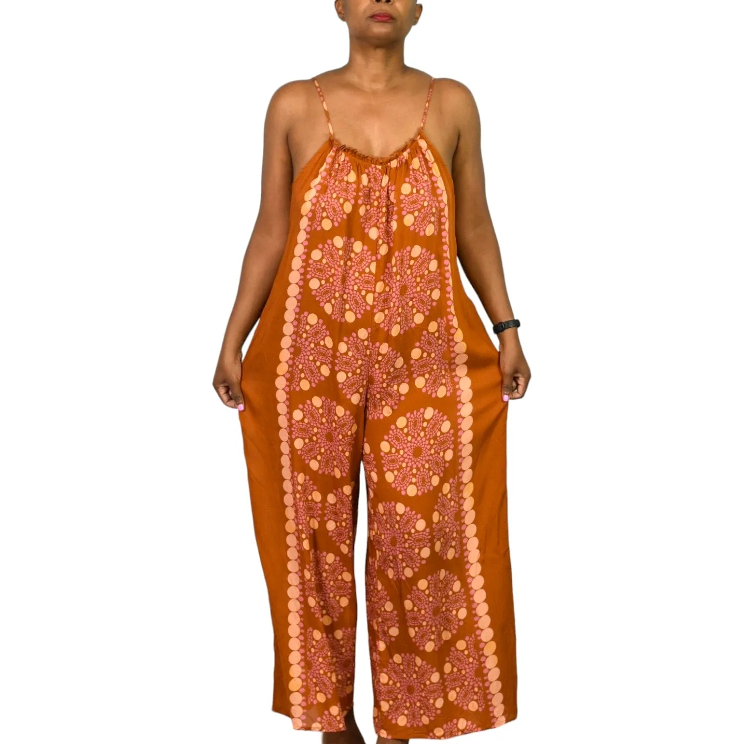 Anthropologie Malika Jumpsuit Orange Block Print Wide Leg Modal Swim Coverup Oversized Size XXS