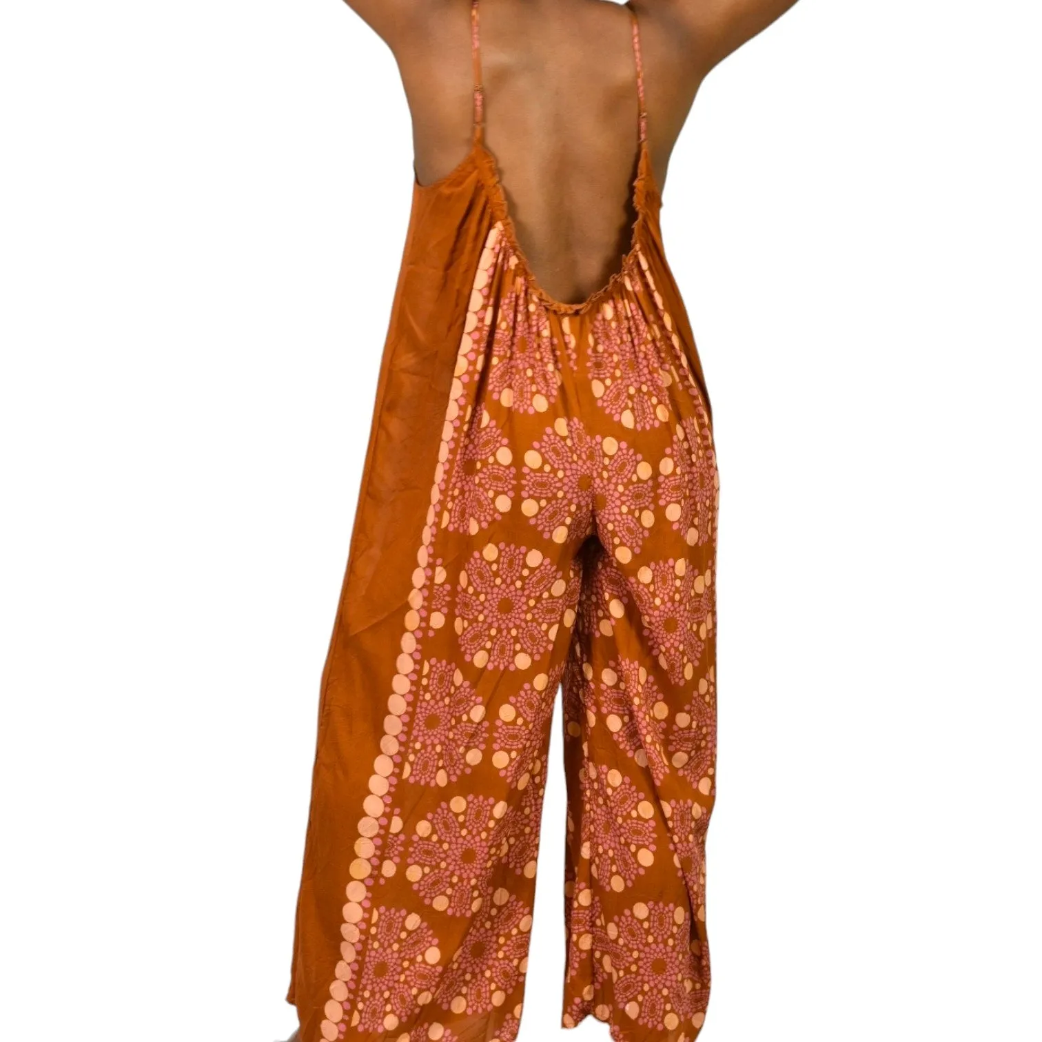 Anthropologie Malika Jumpsuit Orange Block Print Wide Leg Modal Swim Coverup Oversized Size XXS
