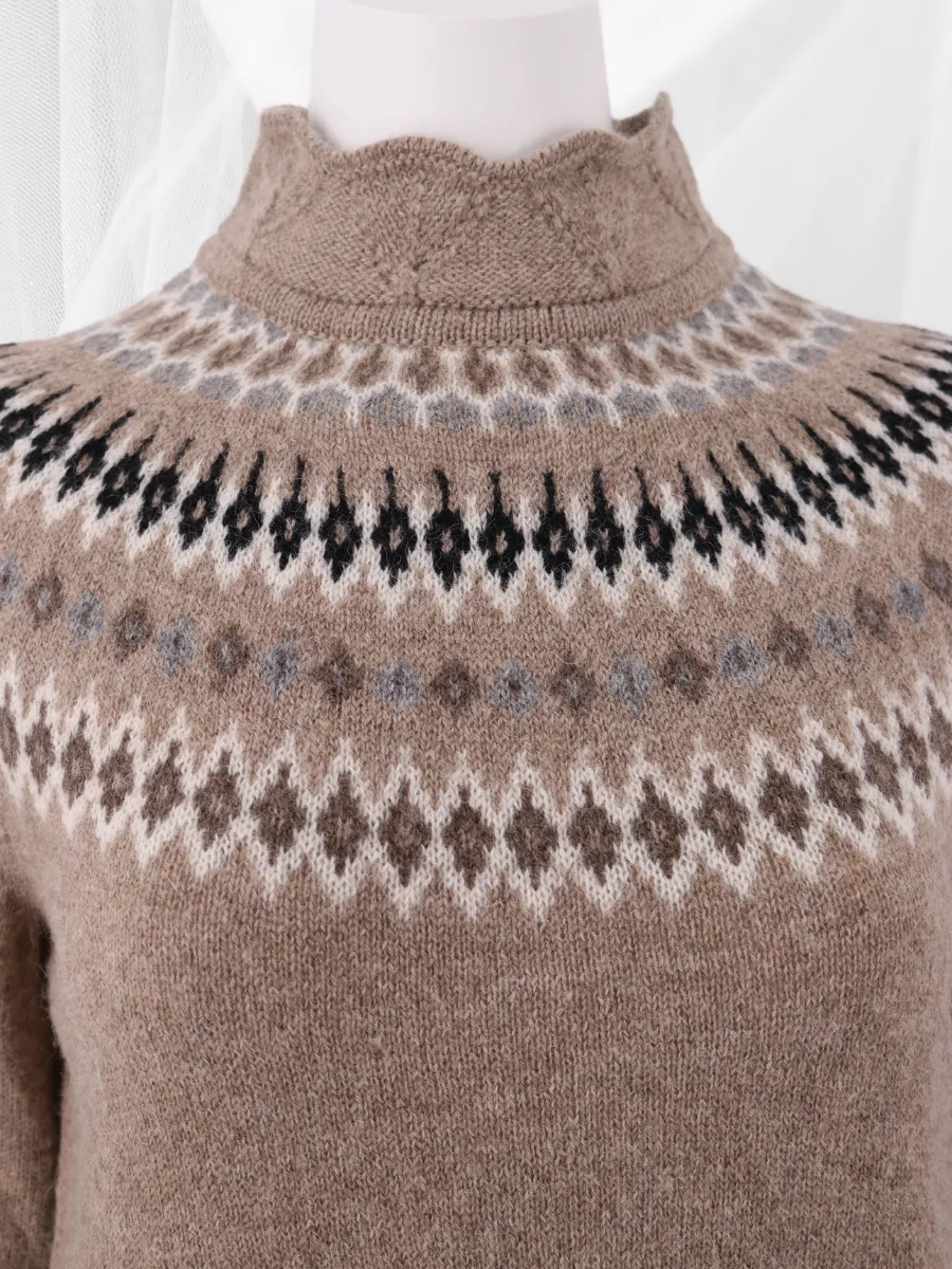 Baby Alpaca Andes Pattern High Neck Sweater - Sand