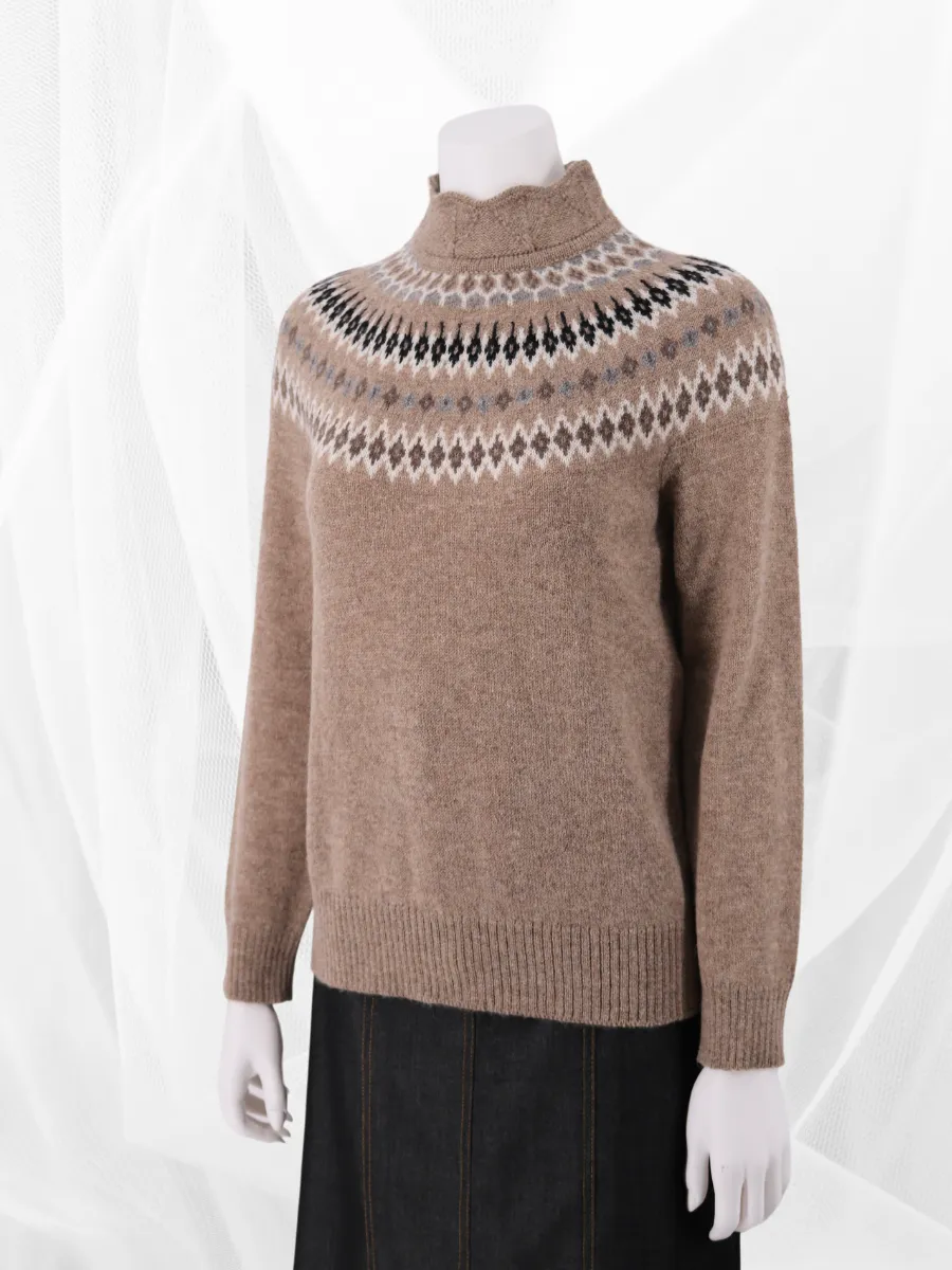 Baby Alpaca Andes Pattern High Neck Sweater - Sand