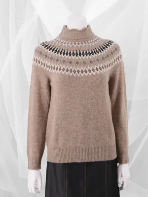Baby Alpaca Andes Pattern High Neck Sweater - Sand