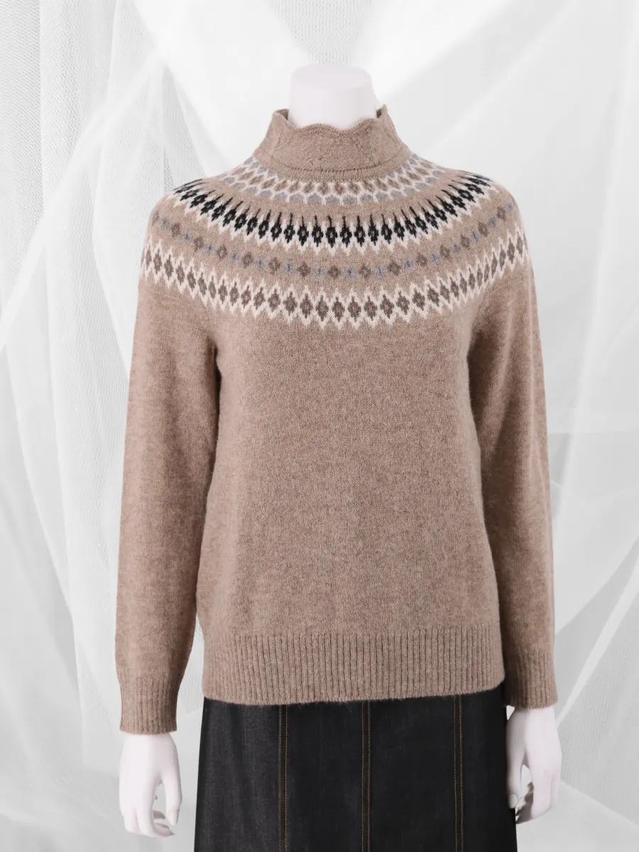 Baby Alpaca Andes Pattern High Neck Sweater - Sand