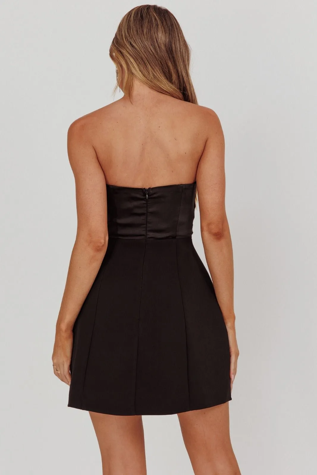 Belle Black Mini- Silk-Esque Strapless Satin Bodice Mini Dress