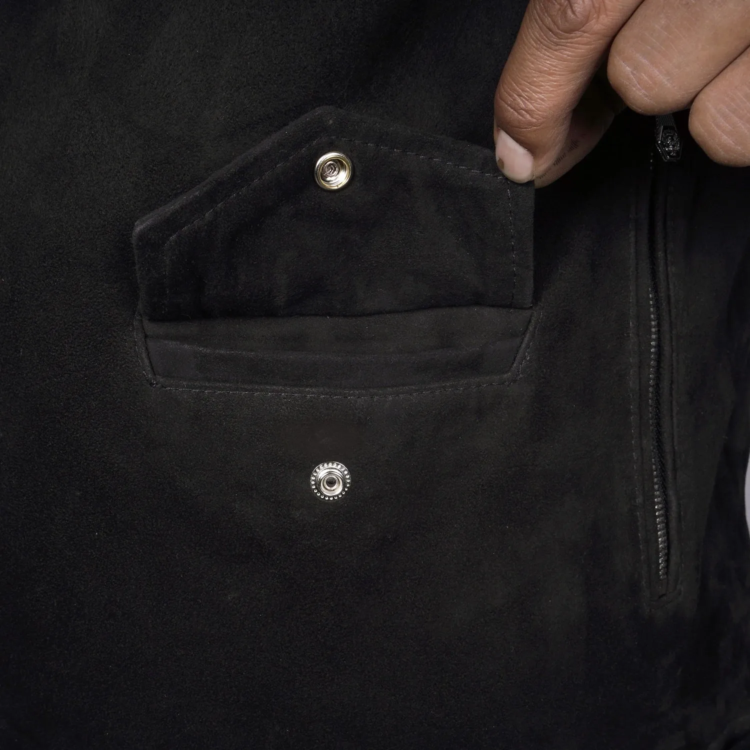 Black Suede Leather Biker Jacket with Adjustable Waist Belt by Brune & Bareskin
