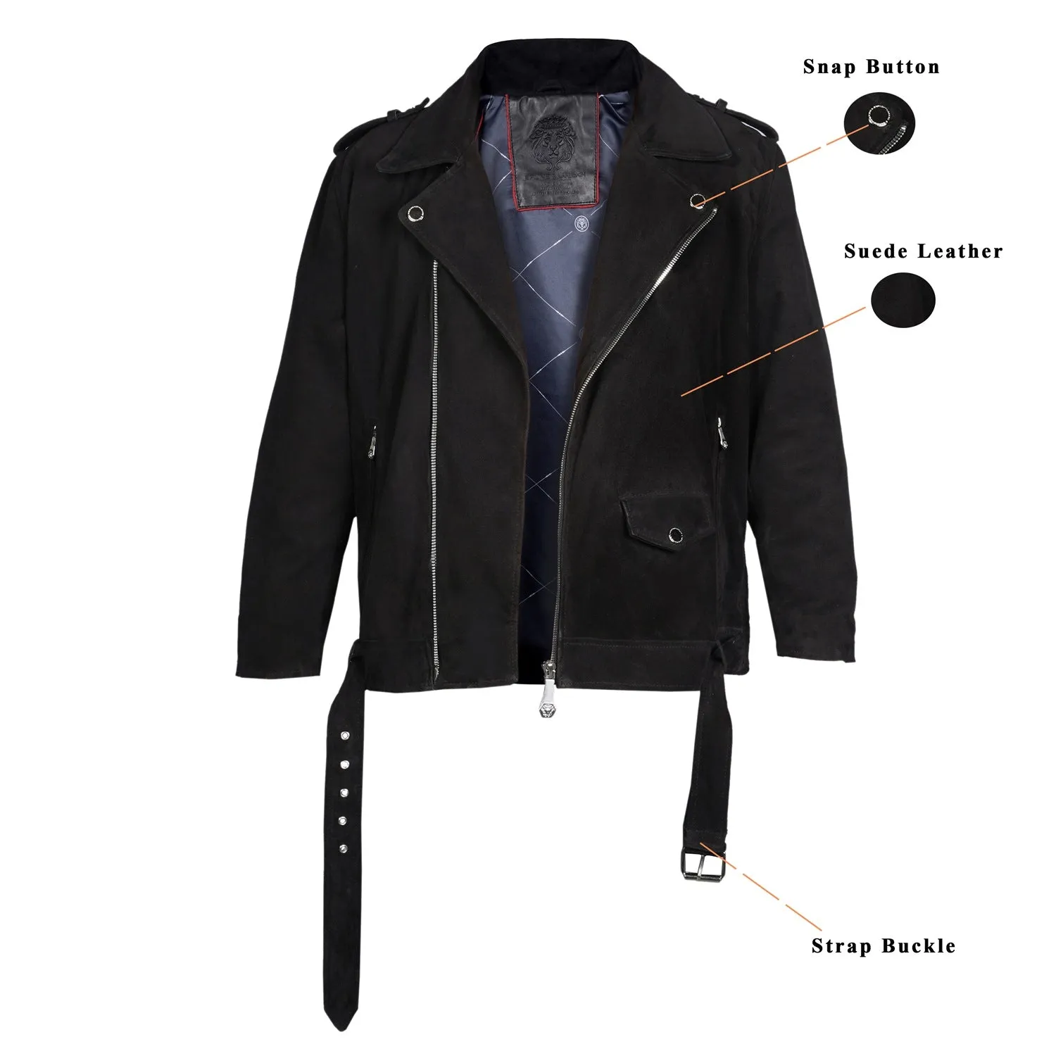 Black Suede Leather Biker Jacket with Adjustable Waist Belt by Brune & Bareskin
