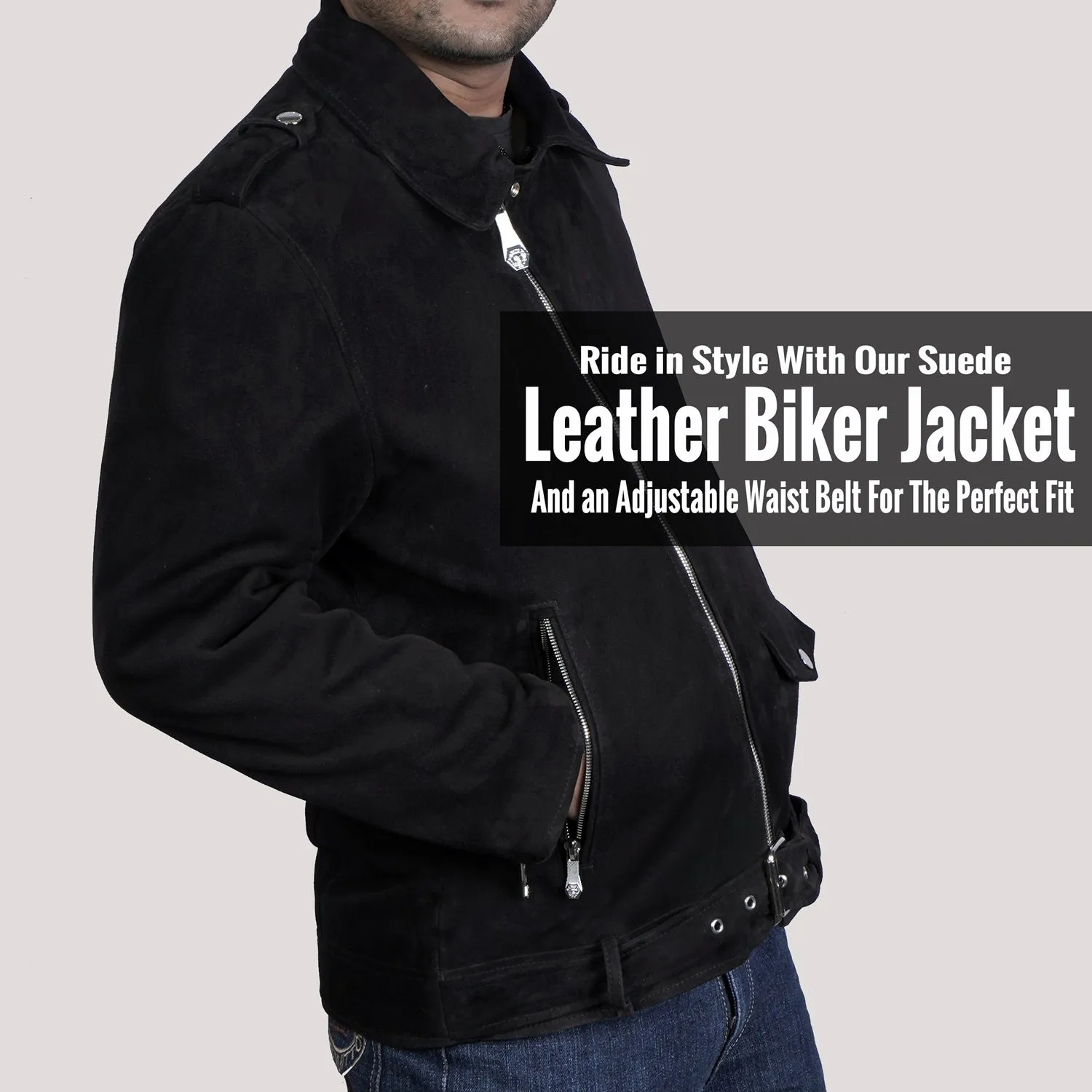 Black Suede Leather Biker Jacket with Adjustable Waist Belt by Brune & Bareskin