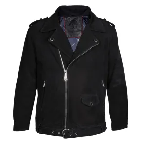 Black Suede Leather Biker Jacket with Adjustable Waist Belt by Brune & Bareskin