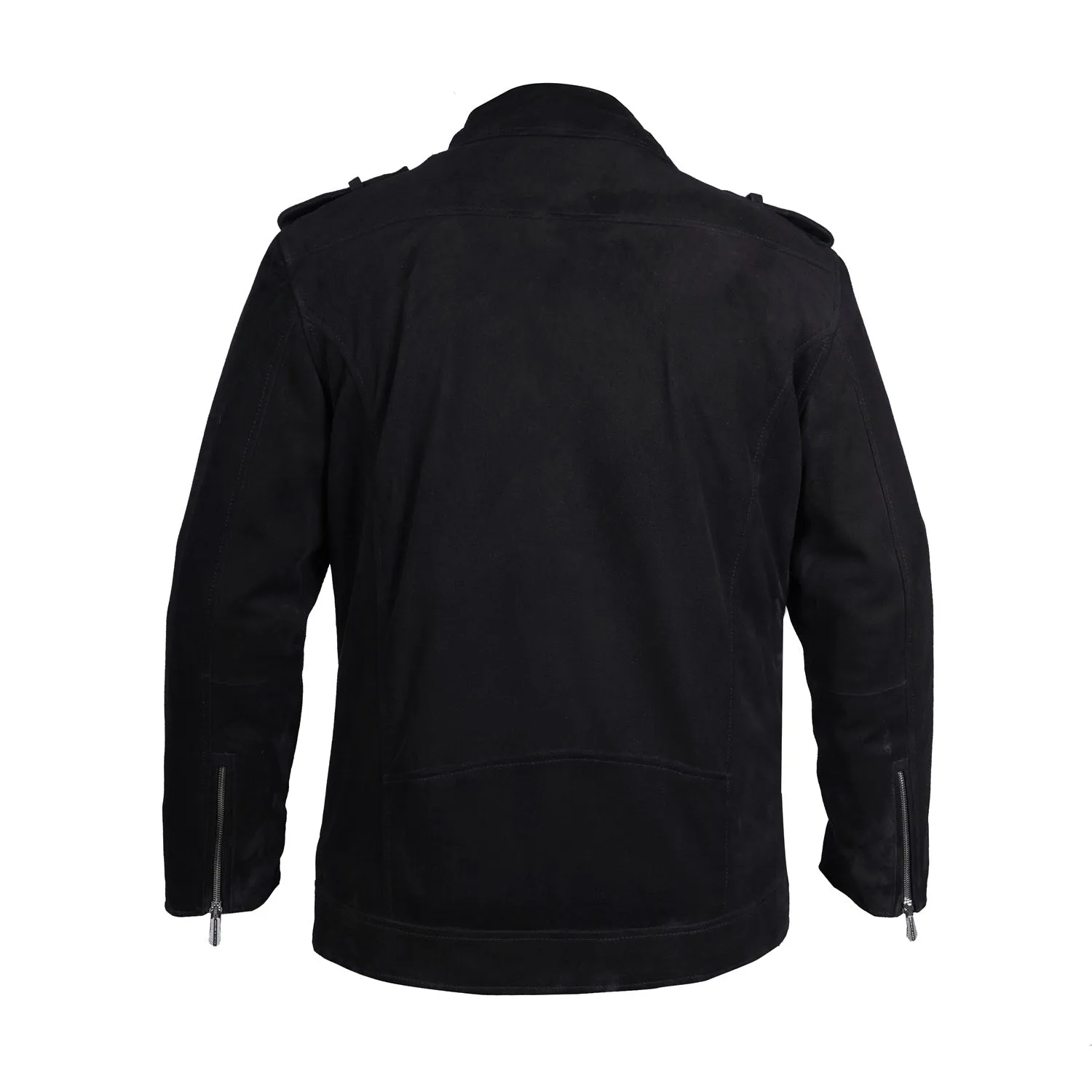 Black Suede Leather Biker Jacket with Adjustable Waist Belt by Brune & Bareskin