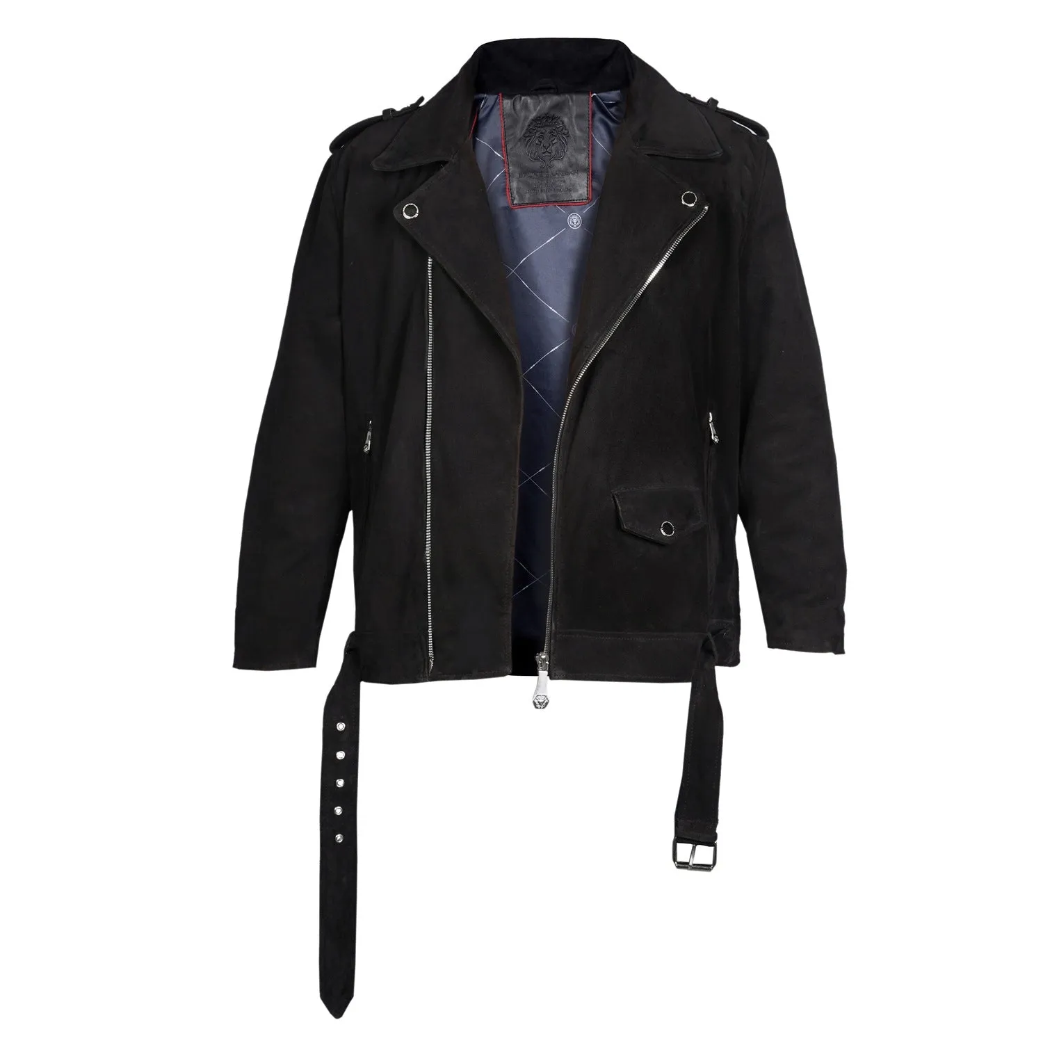 Black Suede Leather Biker Jacket with Adjustable Waist Belt by Brune & Bareskin