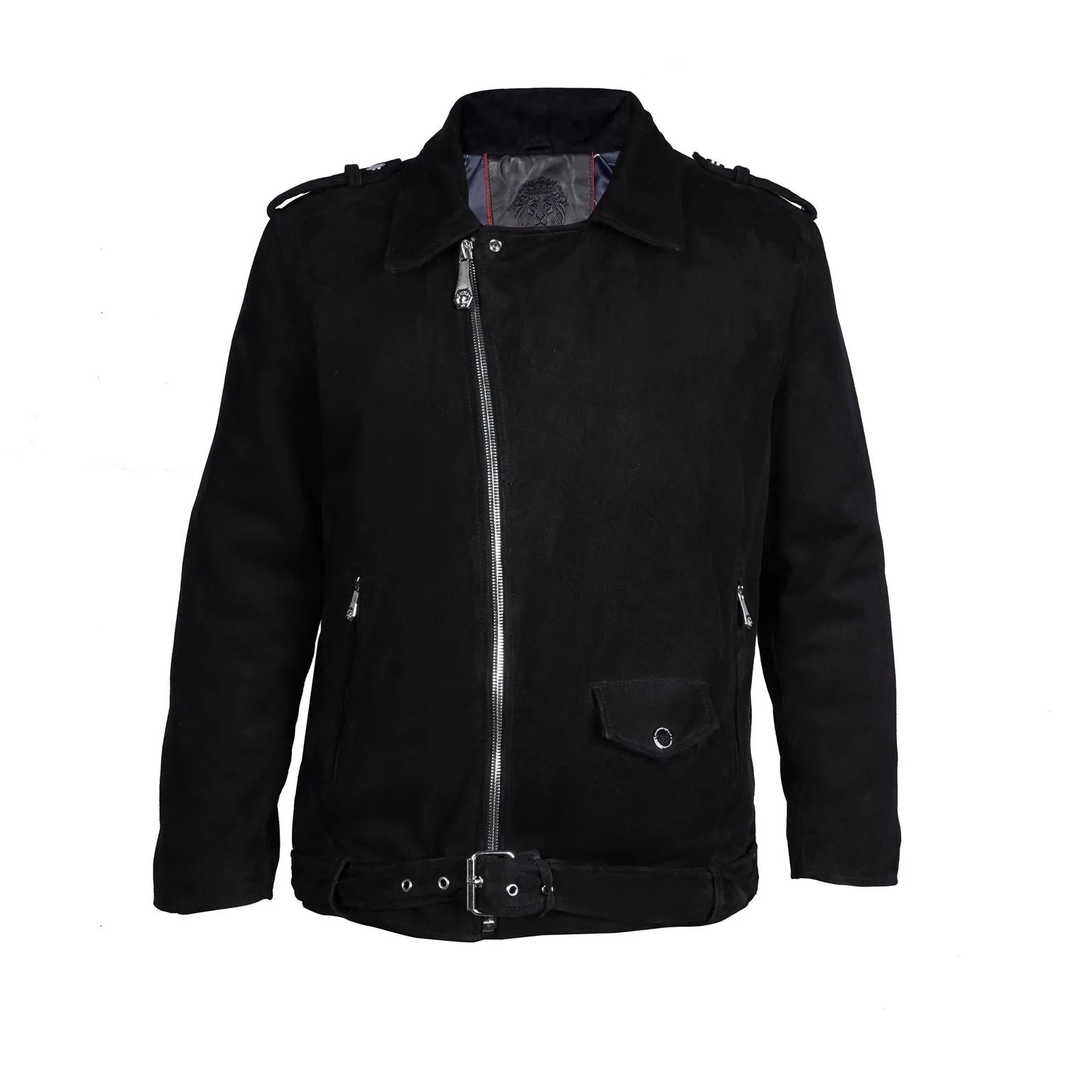 Black Suede Leather Biker Jacket with Adjustable Waist Belt by Brune & Bareskin