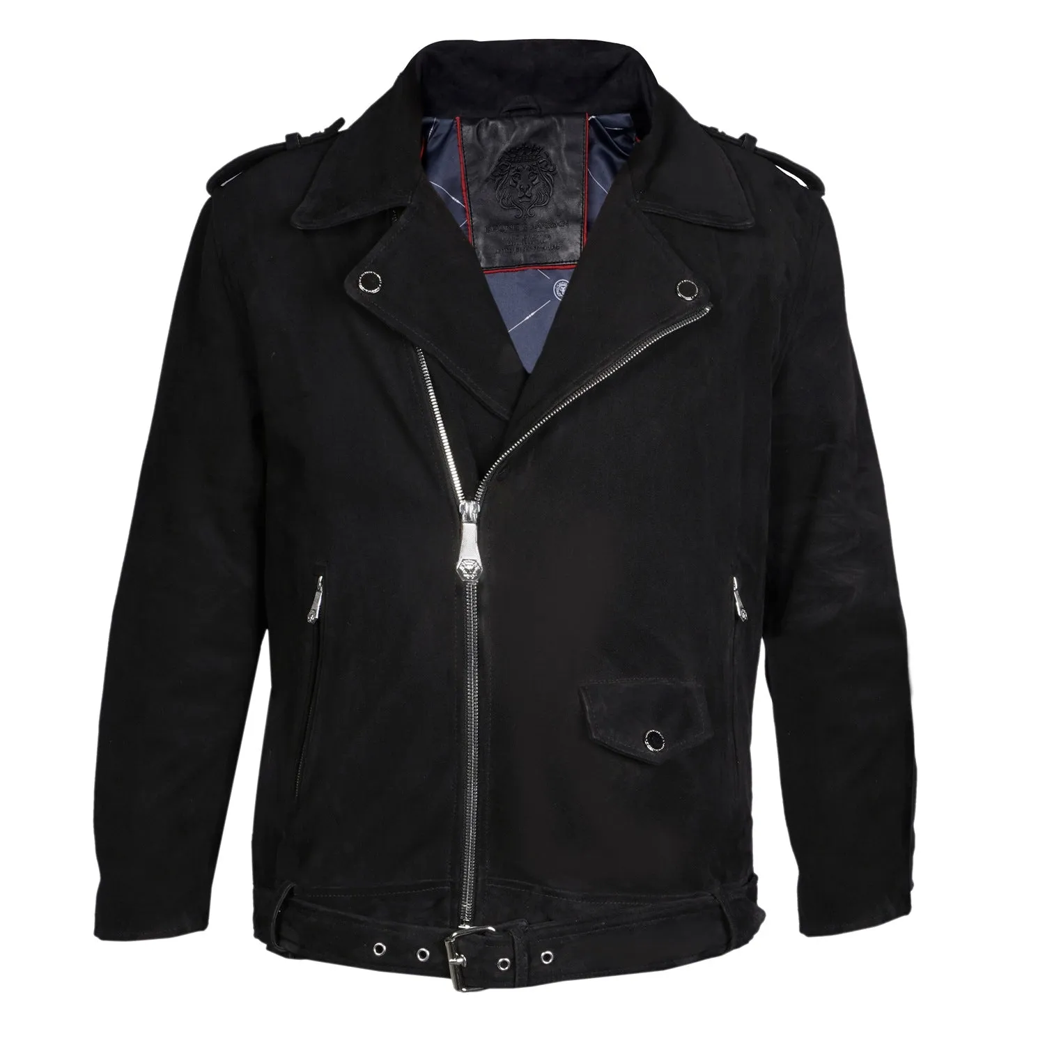 Black Suede Leather Biker Jacket with Adjustable Waist Belt by Brune & Bareskin