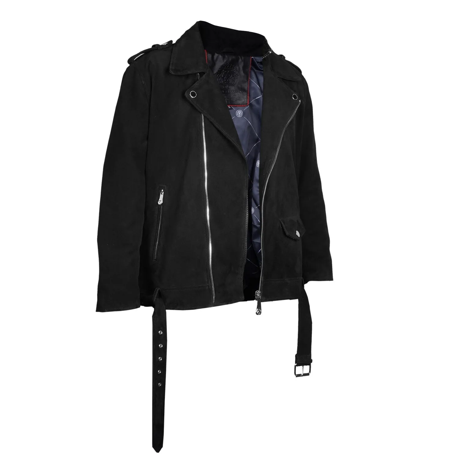Black Suede Leather Biker Jacket with Adjustable Waist Belt by Brune & Bareskin