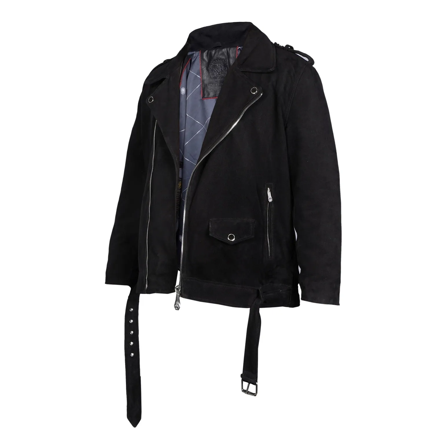 Black Suede Leather Biker Jacket with Adjustable Waist Belt by Brune & Bareskin