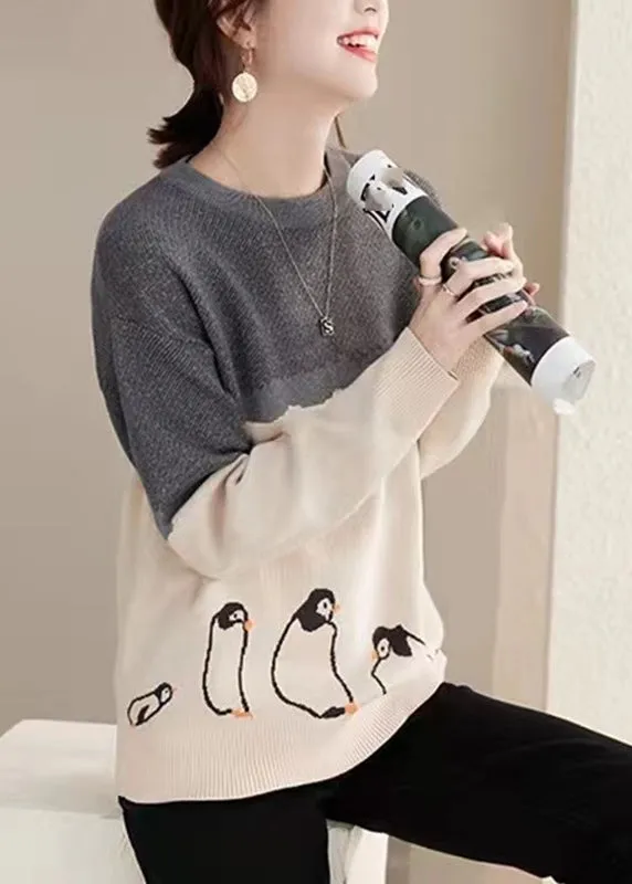 Boutique Photo Color O-Neck Print Cotton Knit Sweaters Fall QT046