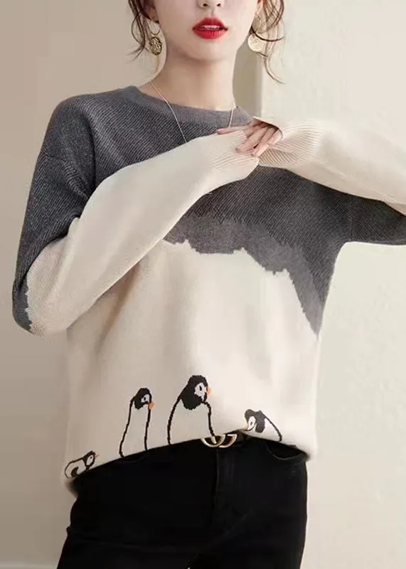 Boutique Photo Color O-Neck Print Cotton Knit Sweaters Fall QT046