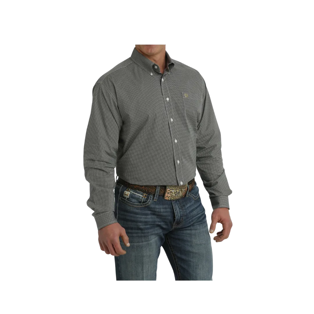 Cinch Men's Stretch Geometric Print Button Down Western White Black Shirt