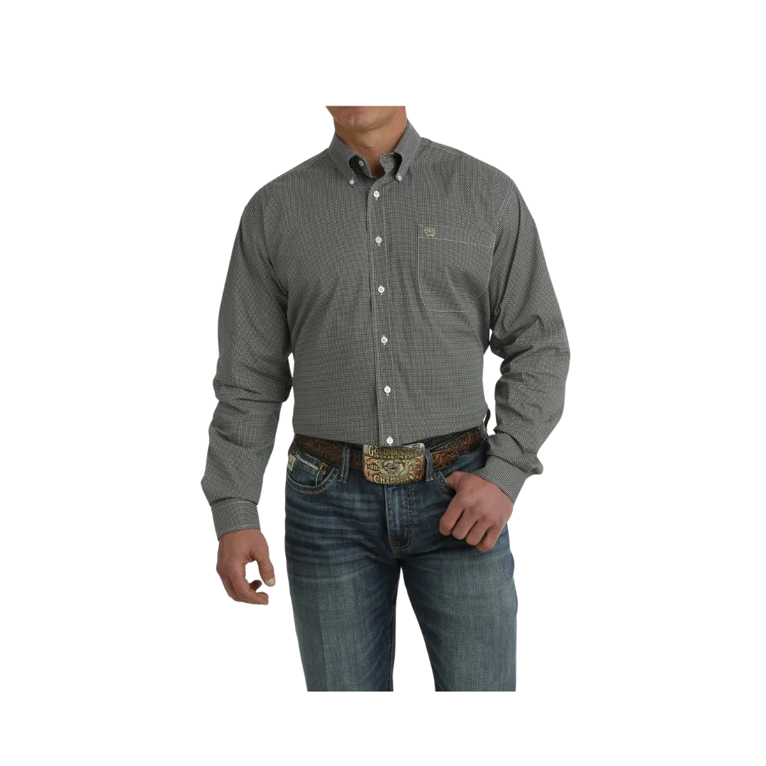Cinch Men's Stretch Geometric Print Button Down Western White Black Shirt