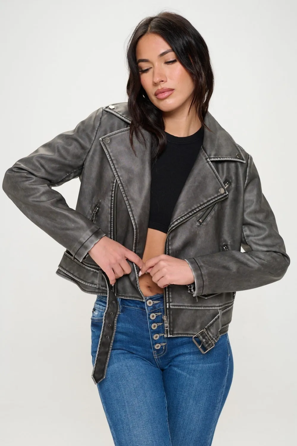 Coalition LA Black Zip Up Biker Vegan Leather Jacket with Belt