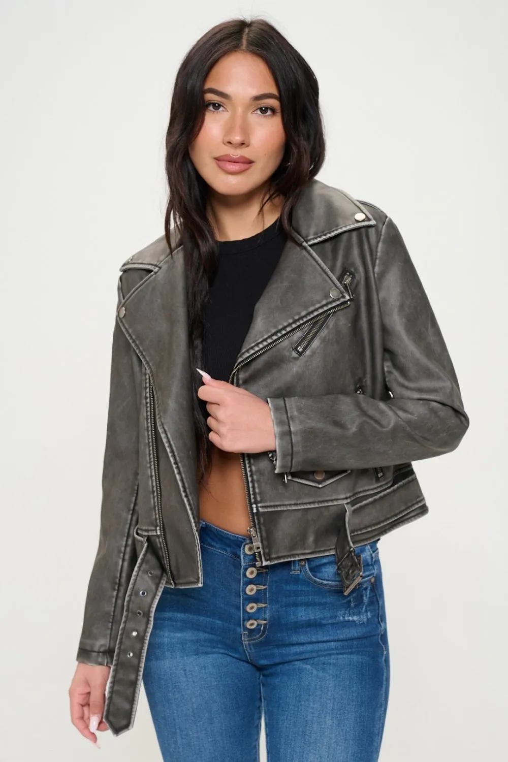 Coalition LA Black Zip Up Biker Vegan Leather Jacket with Belt