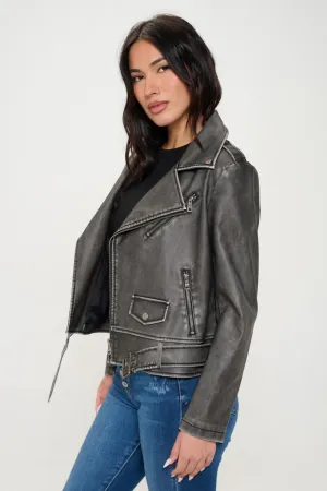 Coalition LA Black Zip Up Biker Vegan Leather Jacket with Belt