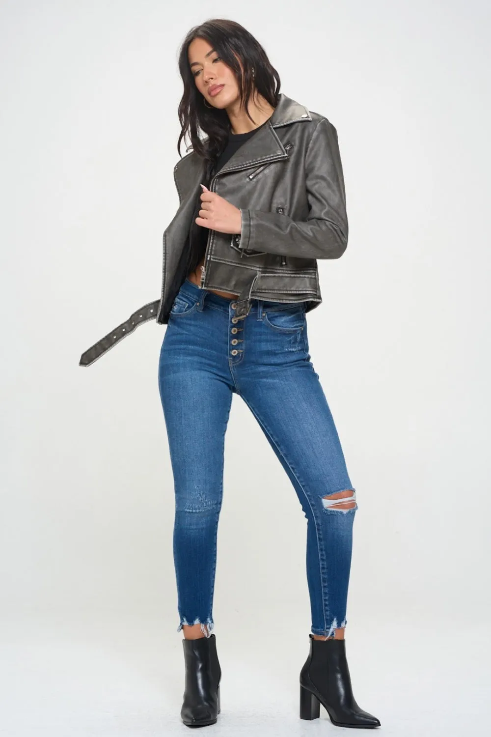 Coalition LA Black Zip Up Biker Vegan Leather Jacket with Belt
