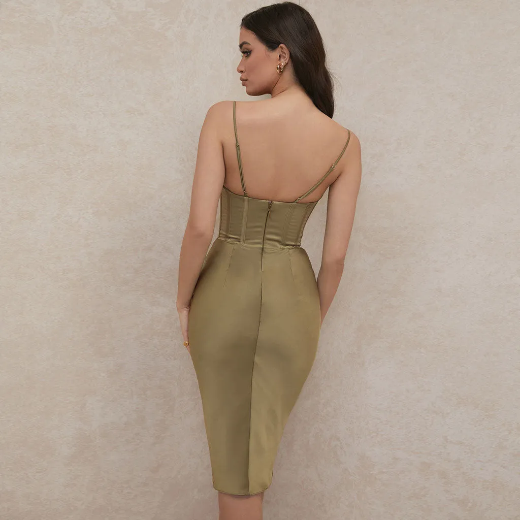 Cowl Neck Underwire Bustier Corset Midi Dresses - Green