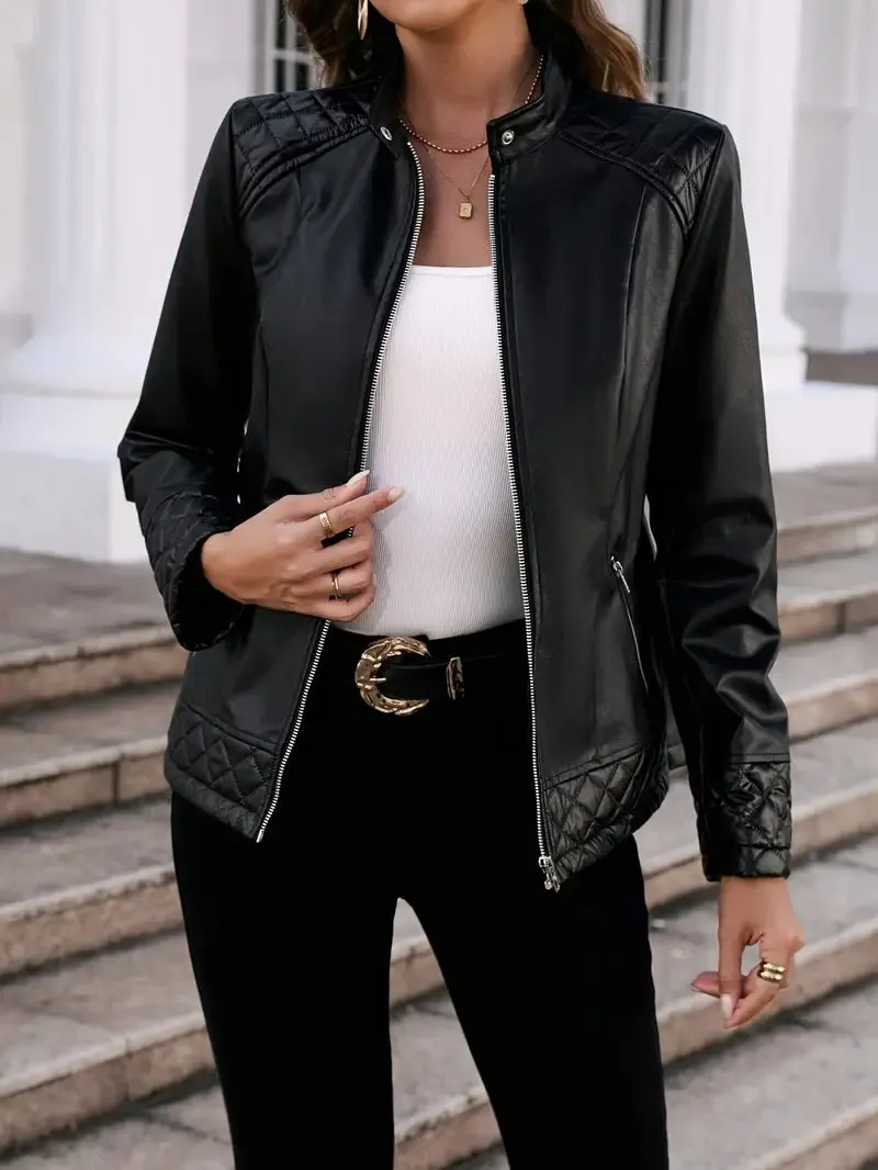 Dames casual jas van imitatieleer met opstaande kraag - rits, enkelkleurig