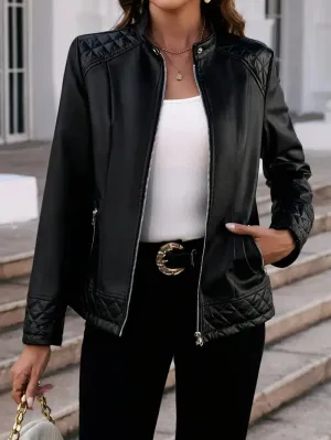 Dames casual jas van imitatieleer met opstaande kraag - rits, enkelkleurig
