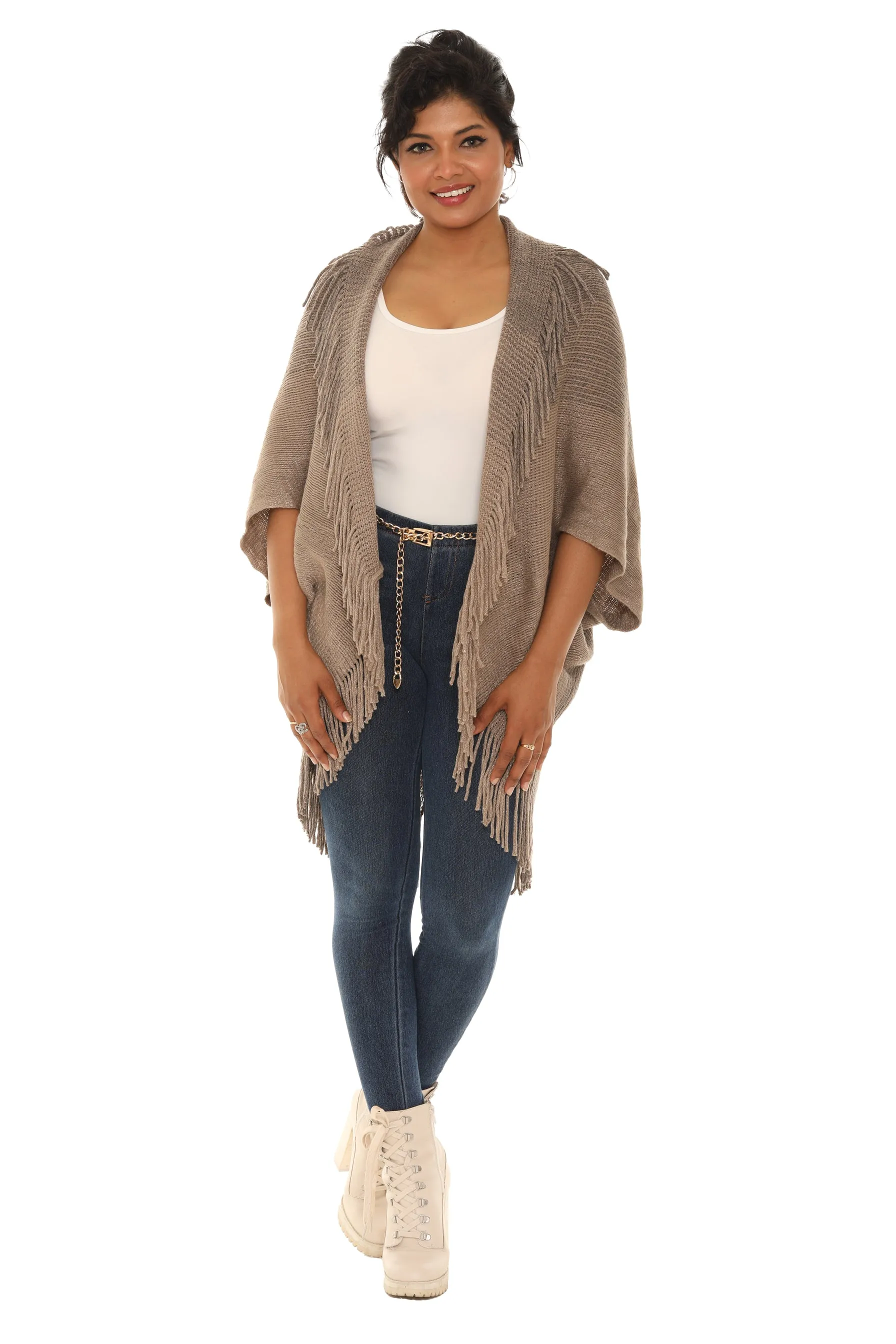 Dolman-Sleeve Fringe Open Cardigan