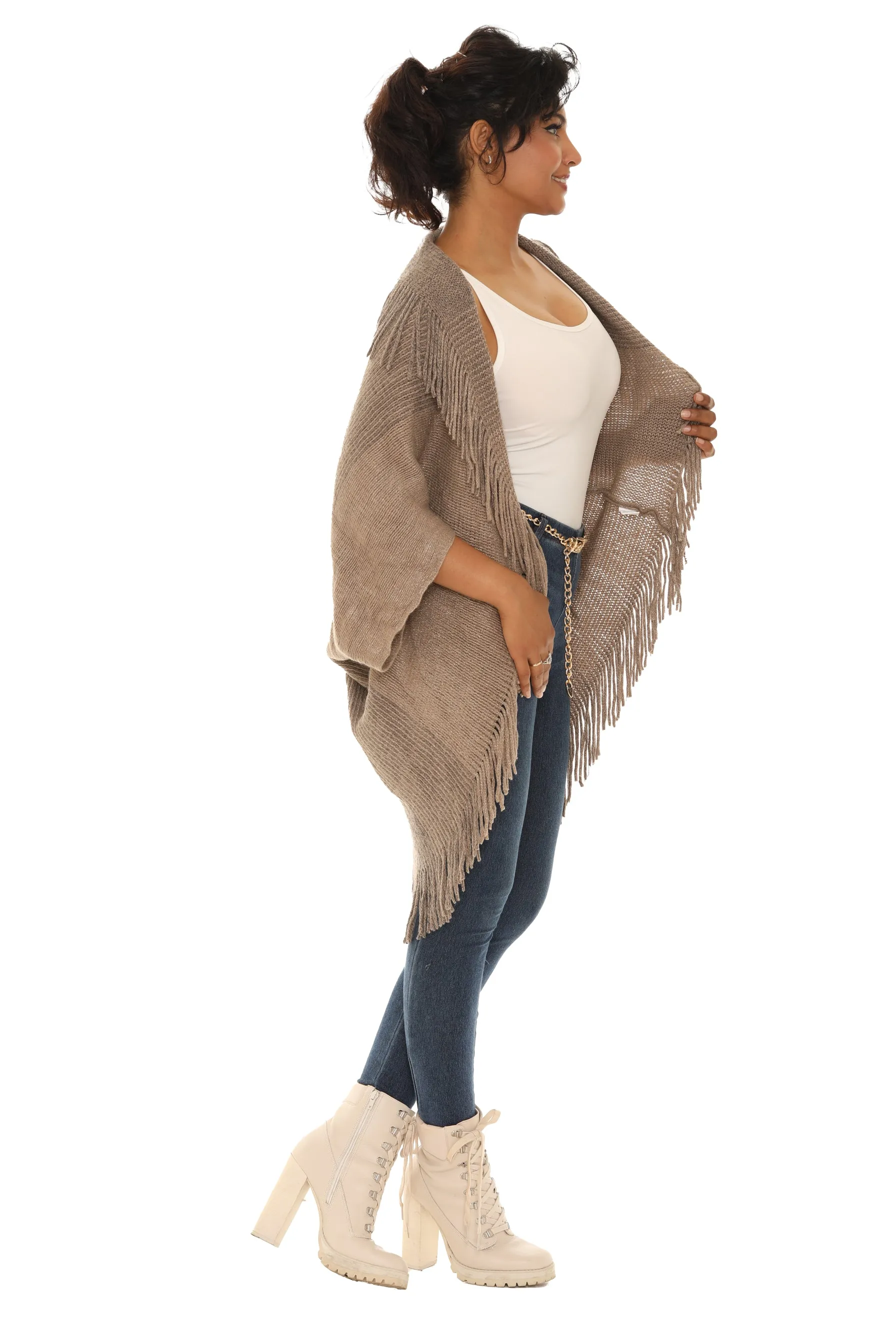 Dolman-Sleeve Fringe Open Cardigan