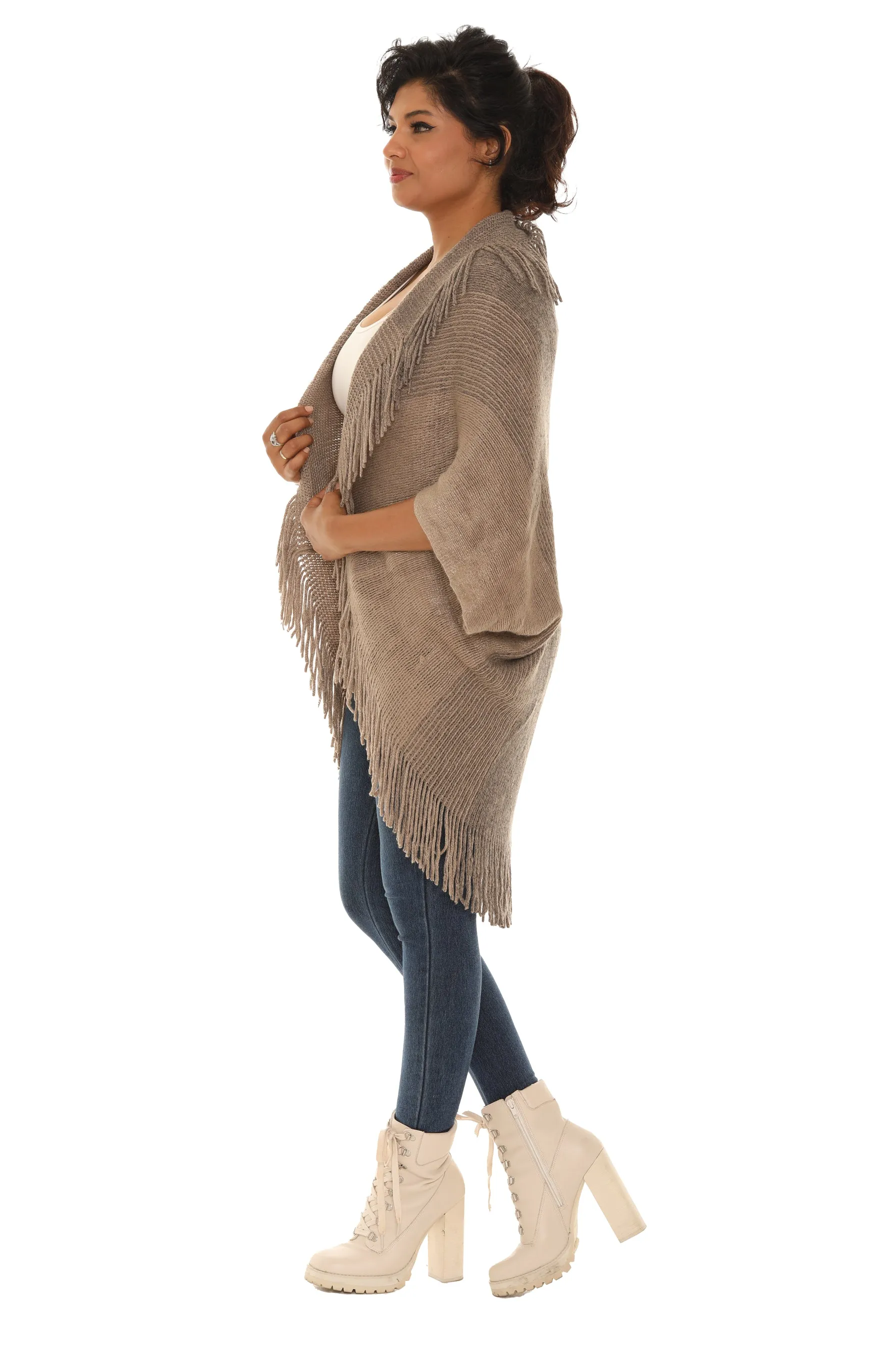 Dolman-Sleeve Fringe Open Cardigan