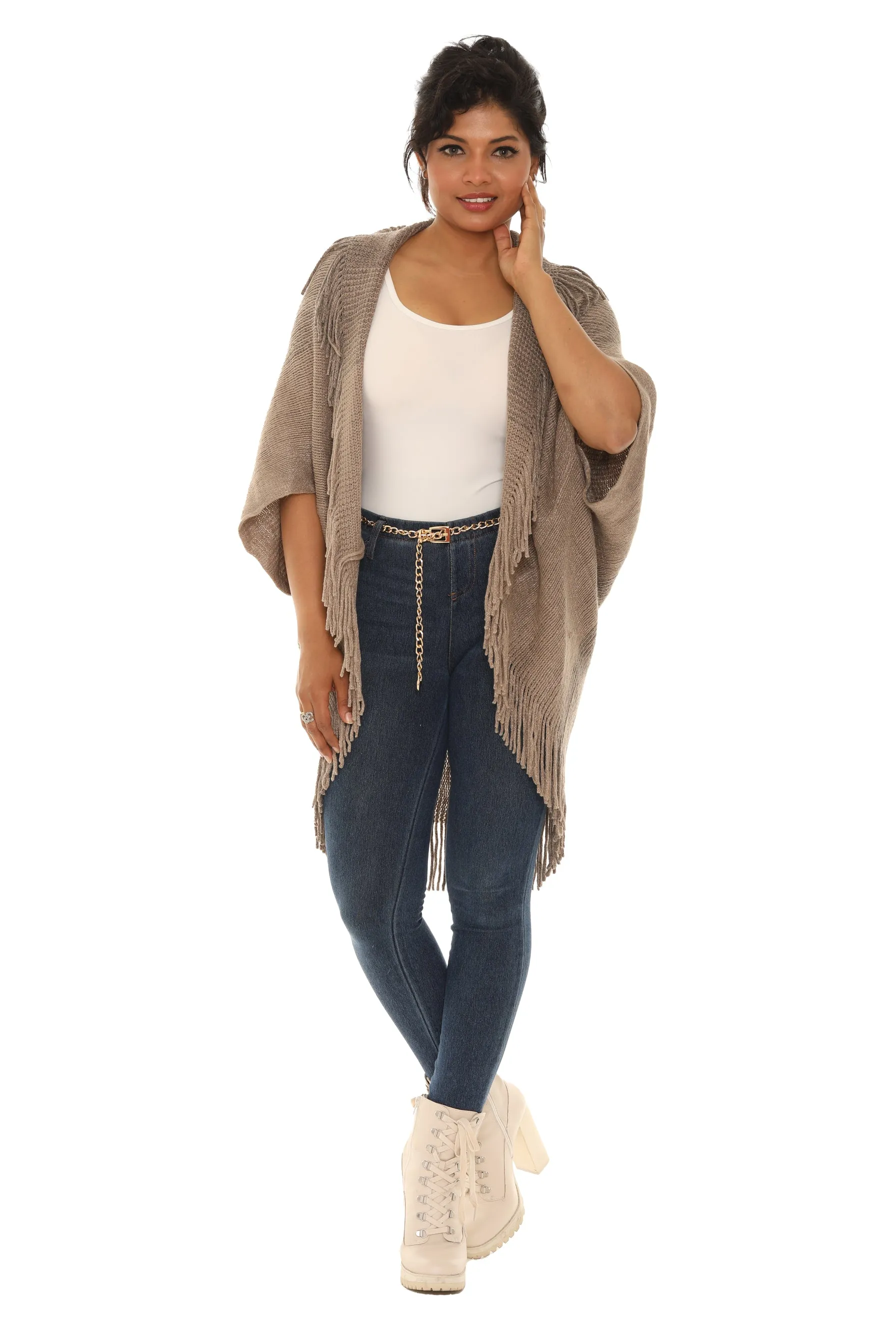 Dolman-Sleeve Fringe Open Cardigan