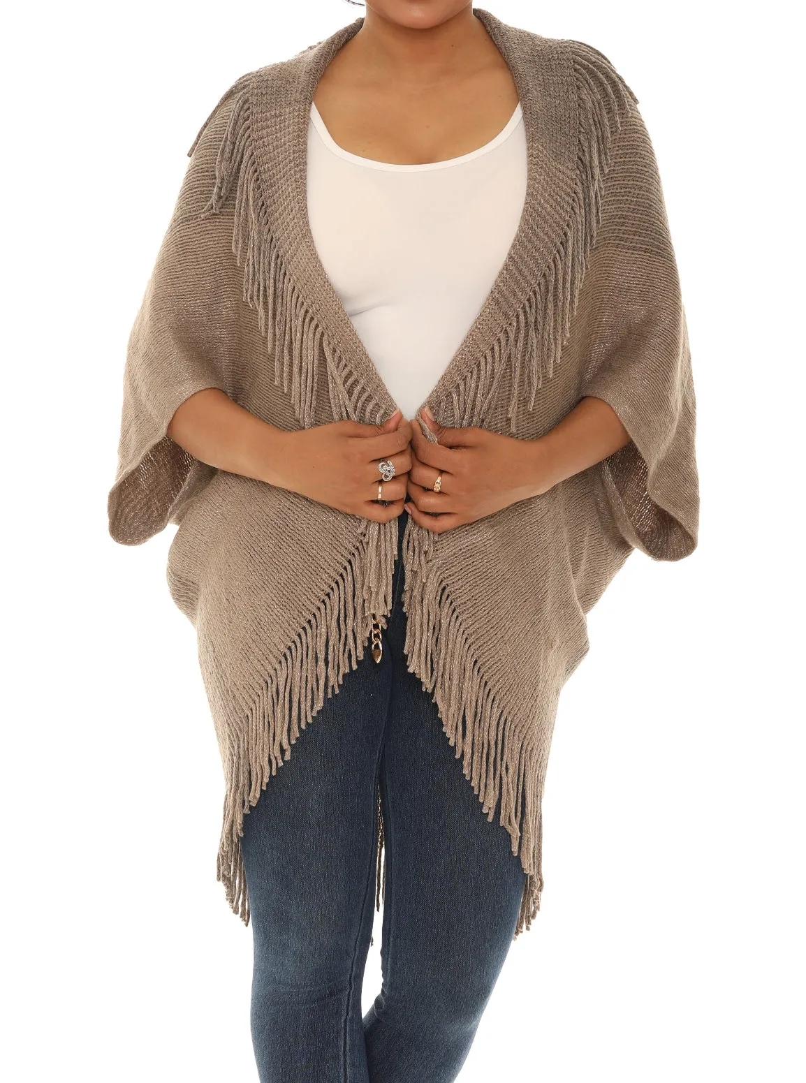 Dolman-Sleeve Fringe Open Cardigan