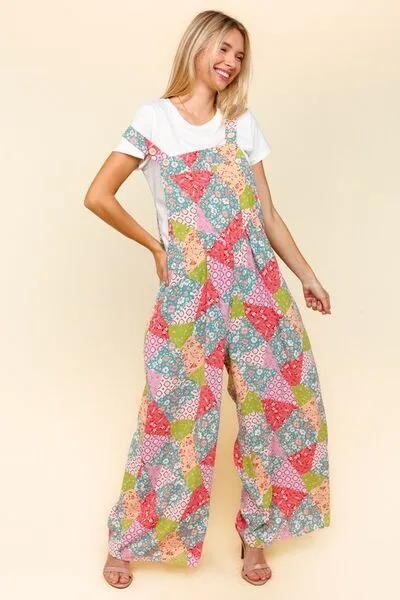 Explore More Collection - Haptics Full Size Printed Wide Leg Overalls with Side Pockets