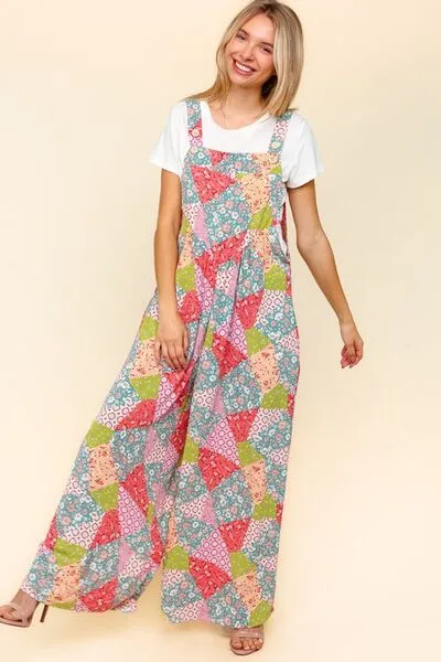 Explore More Collection - Haptics Full Size Printed Wide Leg Overalls with Side Pockets