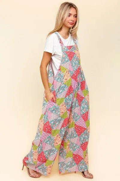 Explore More Collection - Haptics Full Size Printed Wide Leg Overalls with Side Pockets