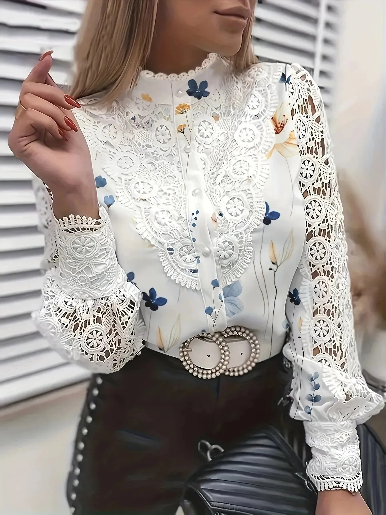 FashionSierra - Casual White Long Sleeve Lace Hollow Turtleneck Fashion Pullovers Blouse