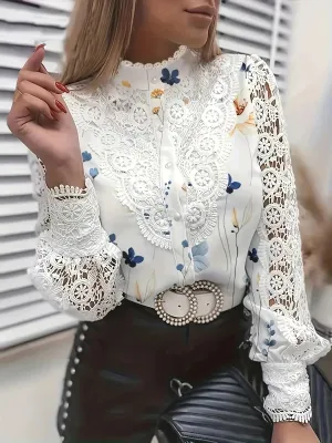 FashionSierra - Casual White Long Sleeve Lace Hollow Turtleneck Fashion Pullovers Blouse