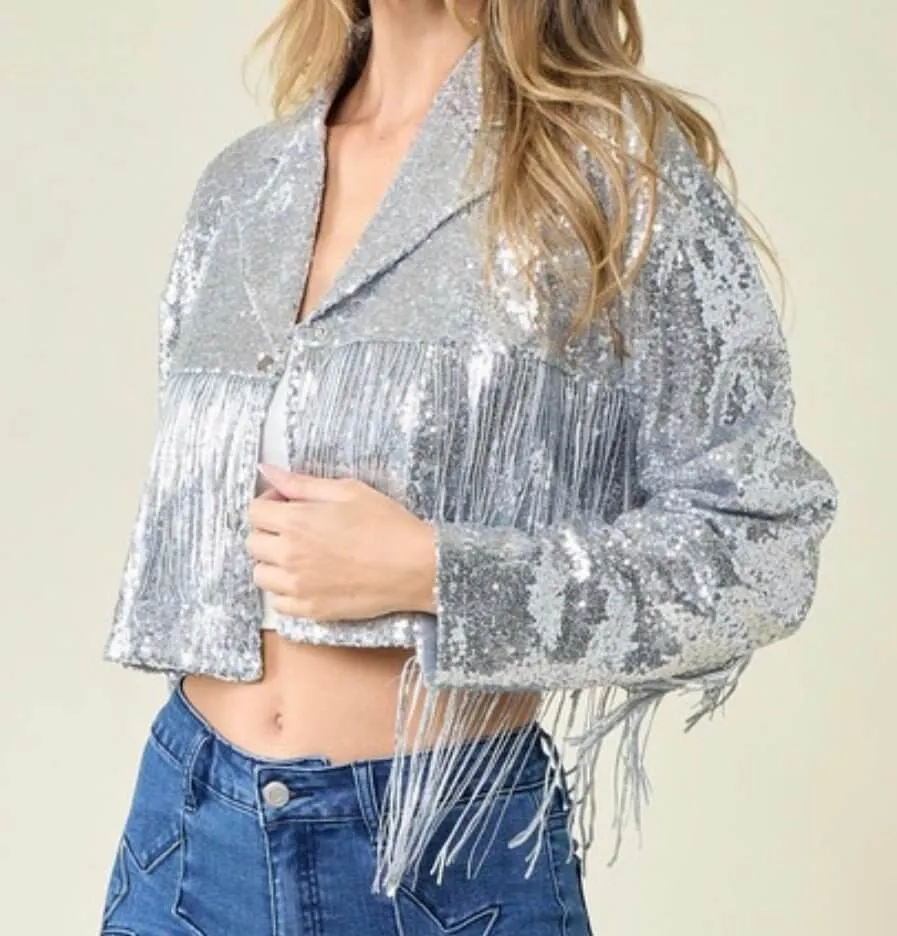 FNL Fringe Sequins Jackets: Sequins Fringe Cropped Jackets
